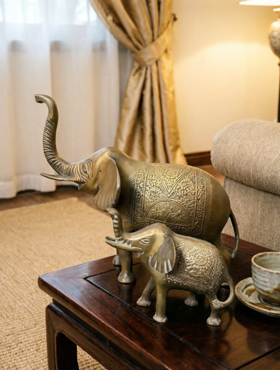 Antique Brass Engraved Elephant Pair | Handcrafted Decorative Elephant Statues | Made in 1968
