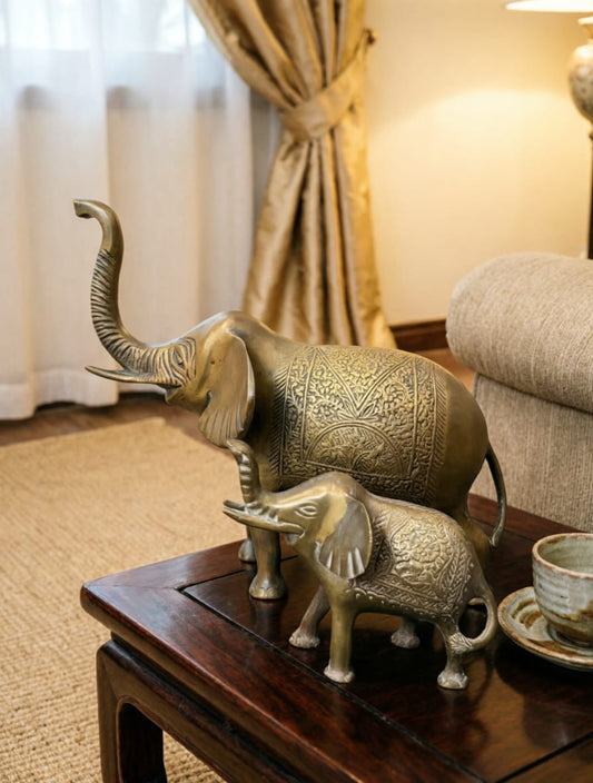 Antique Brass Engraved Elephant Pair | Handcrafted Decorative Elephant Statues | Made in 1968