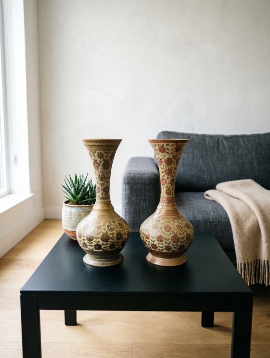 Antique Brass Engraved Flower Vase Pair | Hand-Engraved Decorative Brass Vases | Made in 1964