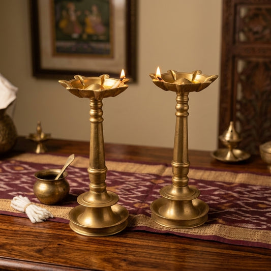 Antique Brass Samay Lamp Pair | Traditional Brass Diya Set | Made in 1975
