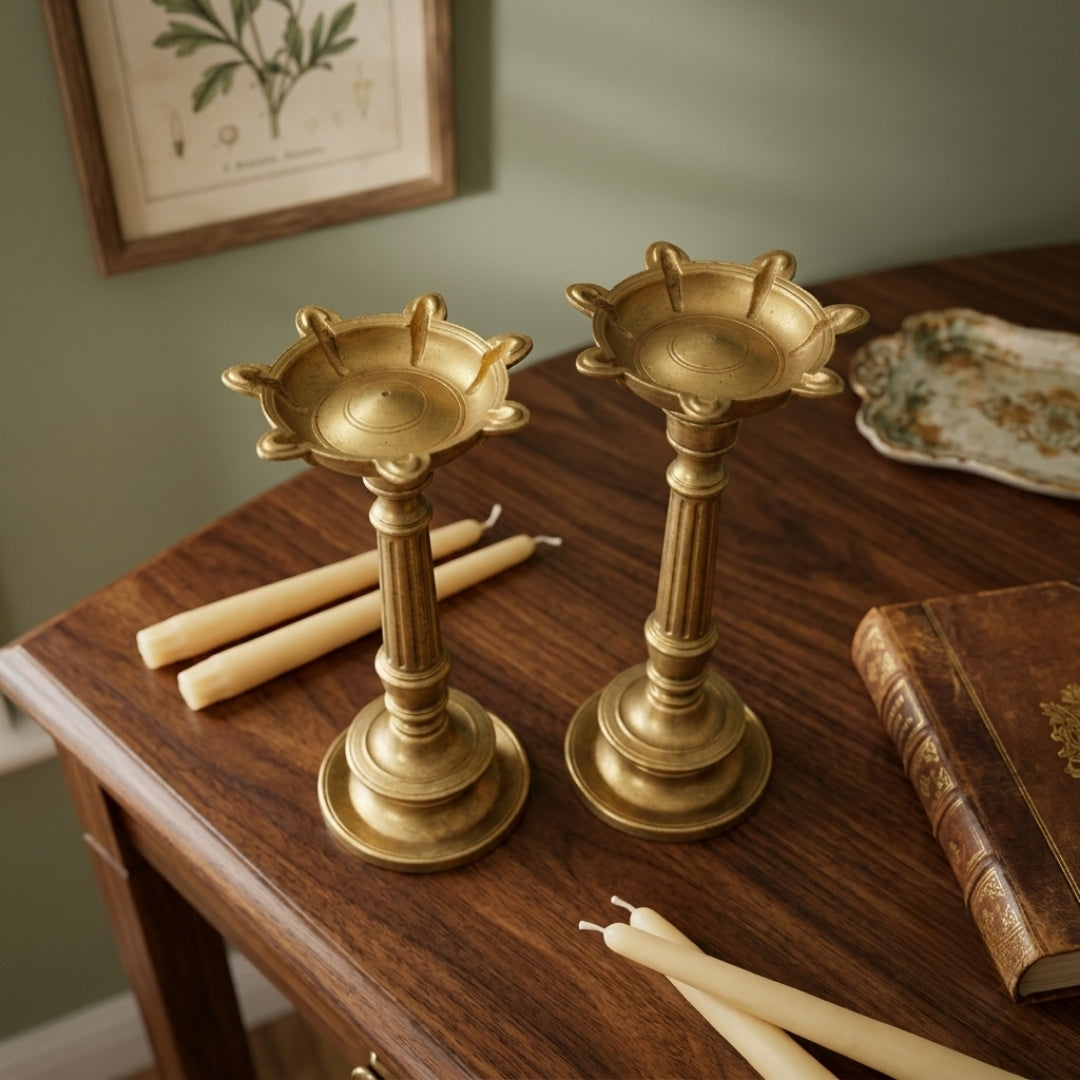Antique Brass Samay Lamp Pair | Traditional Brass Diya Set | Made in 1975