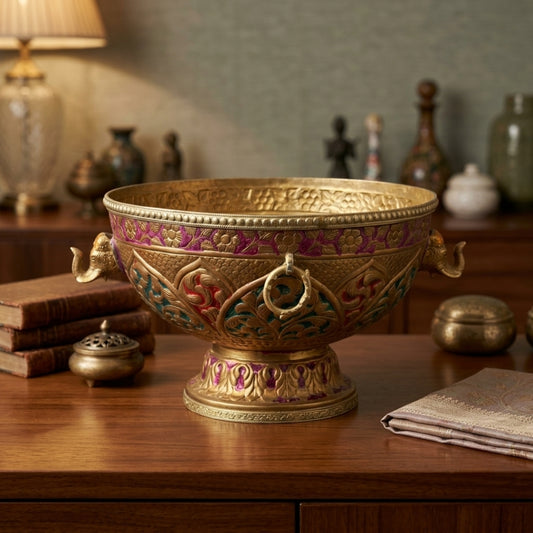 Antique Brass Engraved Decorative Bowl | Handcrafted Brass Centerpiece Bowl | Made in 1970