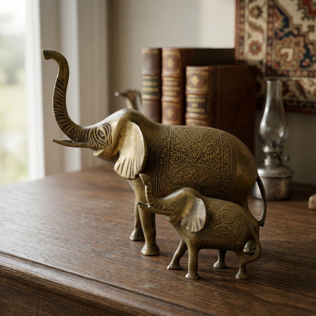 Antique Brass Engraved Elephant Pair | Handcrafted Decorative Elephant Statues | Made in 1968