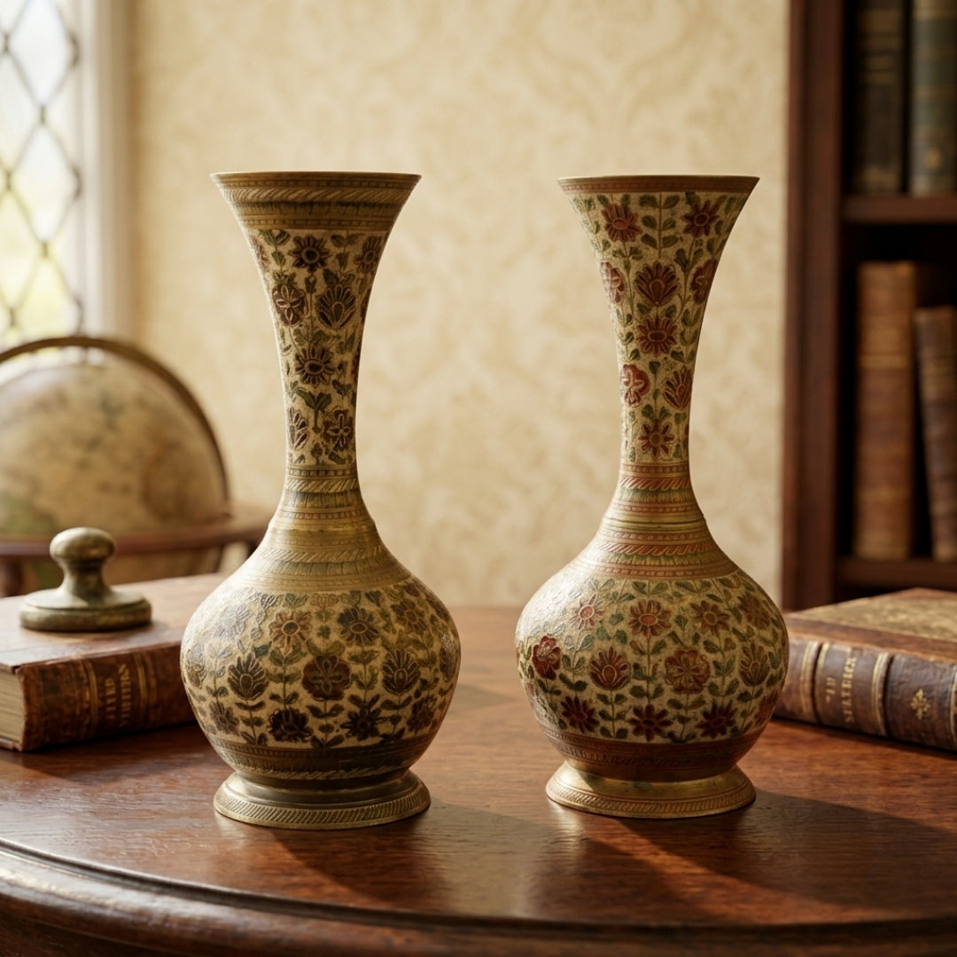 Antique Brass Engraved Flower Vase Pair | Hand-Engraved Decorative Brass Vases | Made in 1964