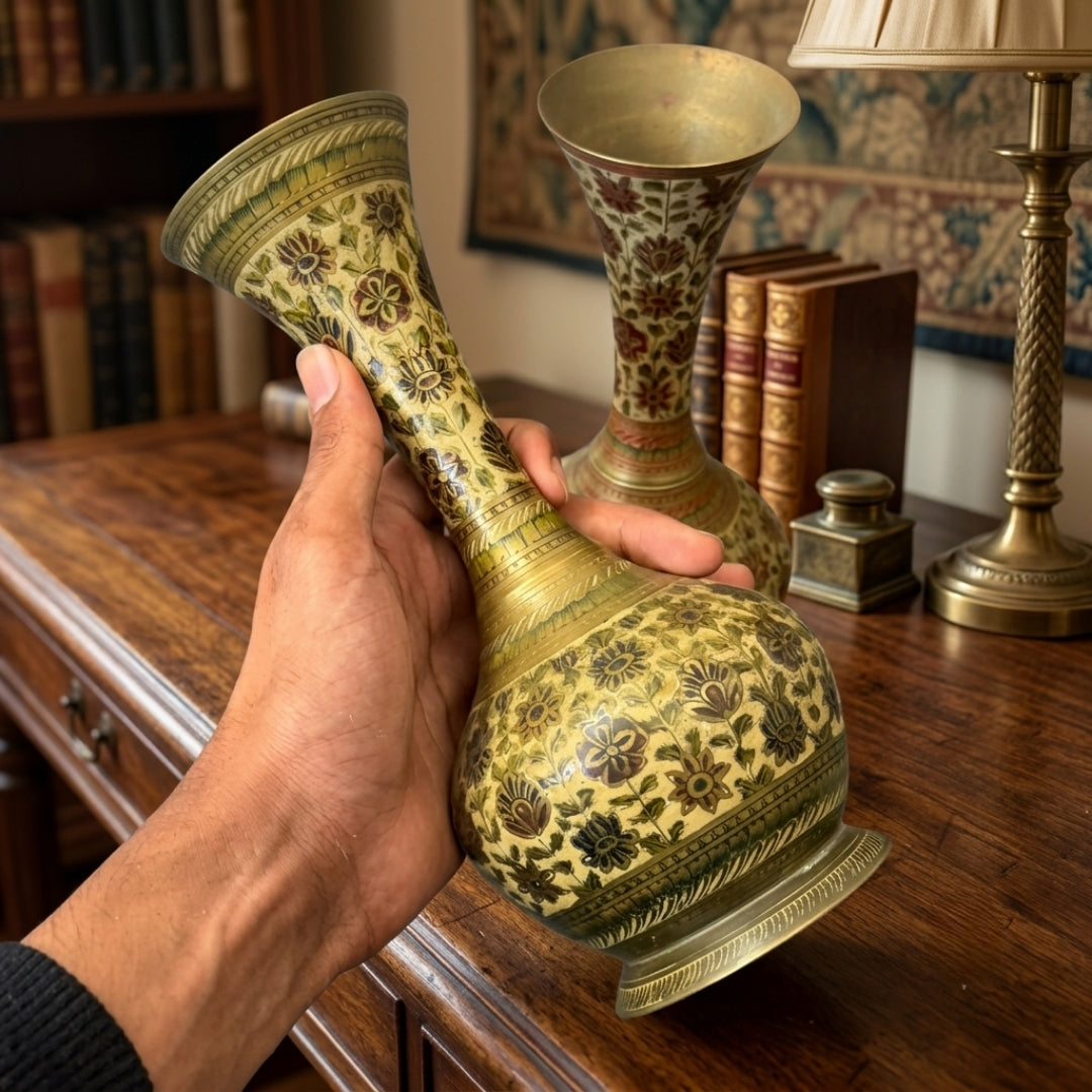 Antique Brass Engraved Flower Vase Pair | Hand-Engraved Decorative Brass Vases | Made in 1964