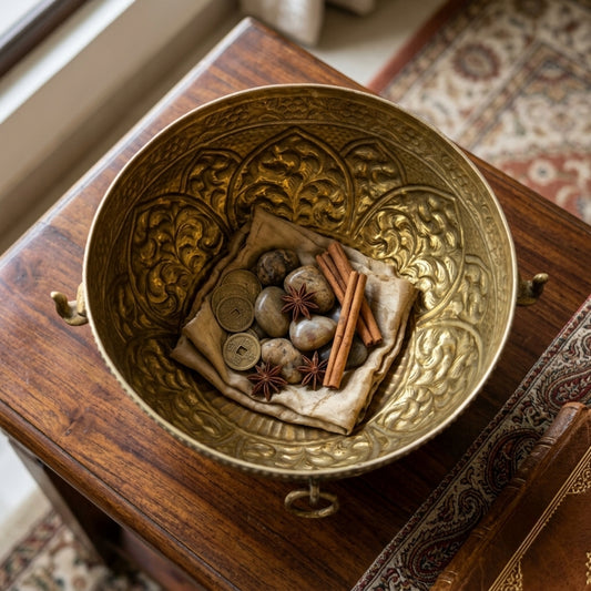 Antique Brass Engraved Decorative Bowl | Handcrafted Brass Centerpiece Bowl | Made in 1970