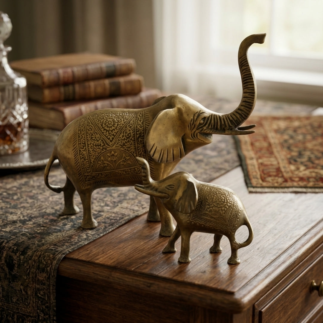 Antique Brass Engraved Elephant Pair | Handcrafted Decorative Elephant Statues | Made in 1968