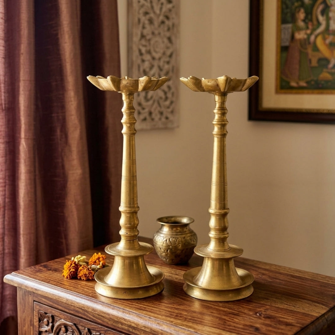 Antique Brass Heavy Samay Lamp Pair | Traditional Brass Floor Diya Pair | Made in 1970