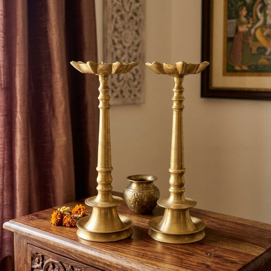 Antique Brass Heavy Samay Lamp Pair | Traditional Brass Floor Diya Pair | Made in 1970