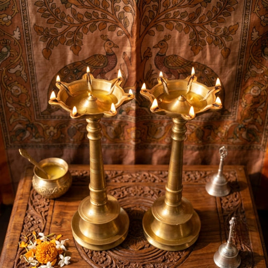 Antique Brass Heavy Samay Lamp Pair | Traditional Brass Floor Diya Pair | Made in 1970