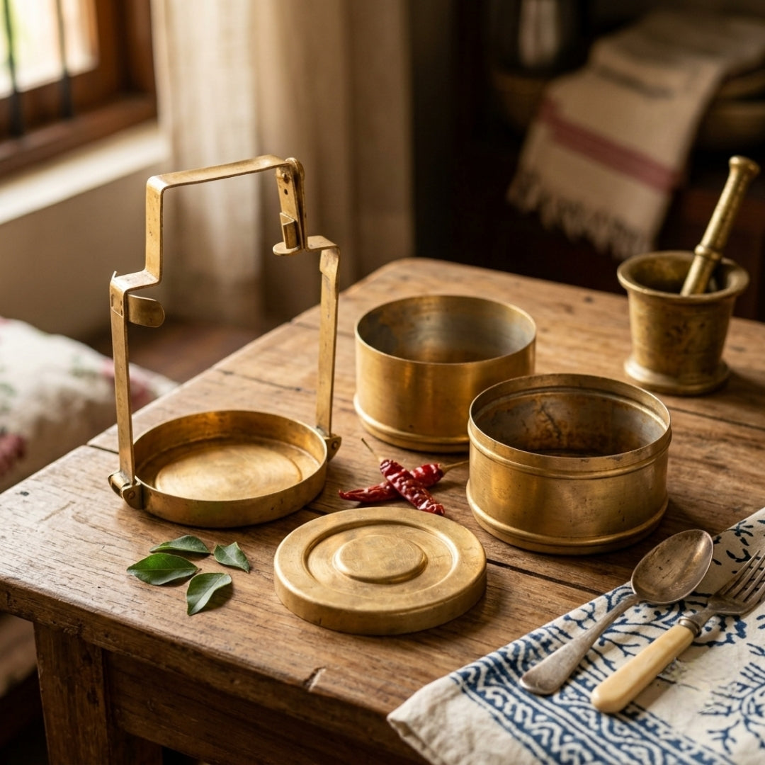 Antique Brass Tiered Tiffin Box | Traditional Multi-Tier Lunch Carrier | Made in 1980