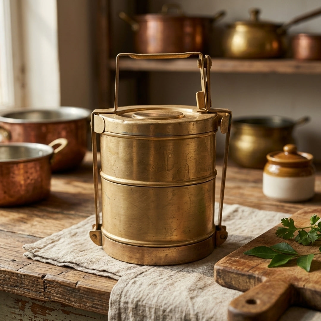 Antique Brass Tiered Tiffin Box | Traditional Multi-Tier Lunch Carrier | Made in 1980