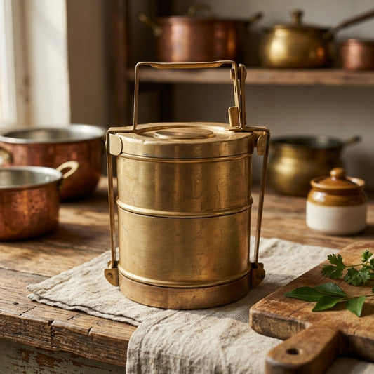 Antique Brass Tiered Tiffin Box | Traditional Multi-Tier Lunch Carrier | Made in 1980