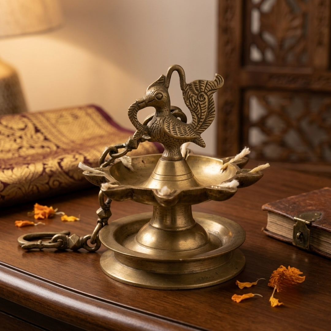 Antique Brass Peacock Laman Diva with Chain | Hanging Oil Lamp | Made in 1979
