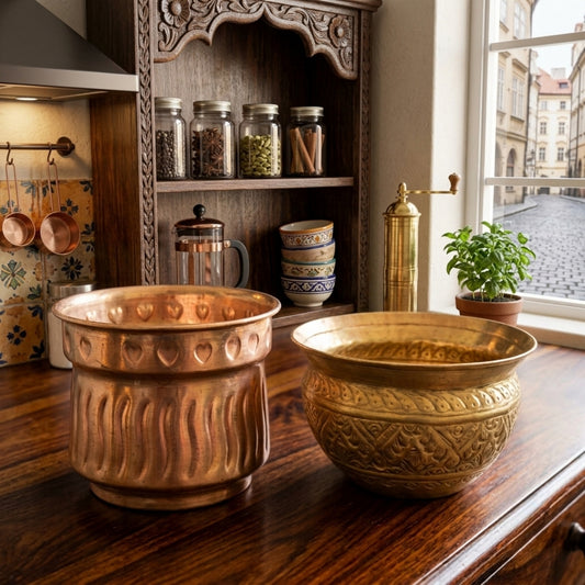 Antique Brass Engraved Decorative Planter Bowls Pair | Hand-Carved Metal Vessels | Made in 1984