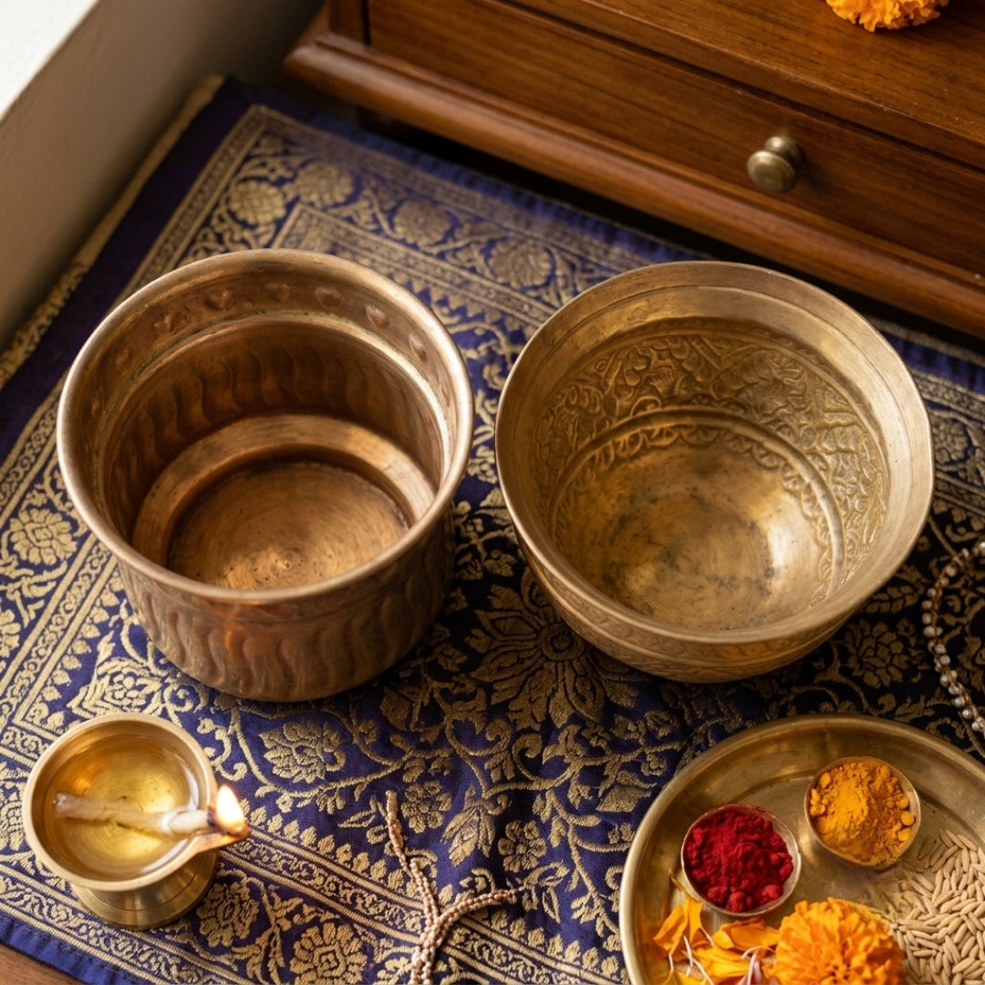 Antique Brass Engraved Decorative Planter Bowls Pair | Hand-Carved Metal Vessels | Made in 1984