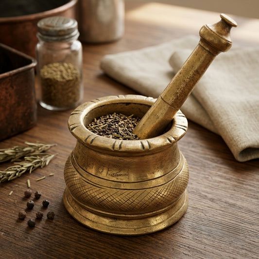 Antique Brass Heavy Khalbatta | Traditional Mortar and Pestle Set | Made in 1978