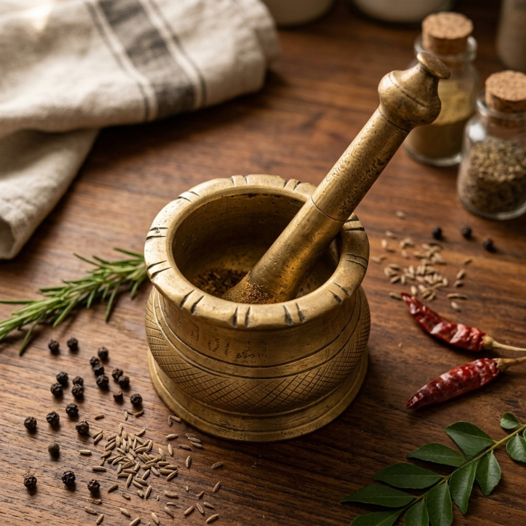 Antique Brass Heavy Khalbatta | Traditional Mortar and Pestle Set | Made in 1978