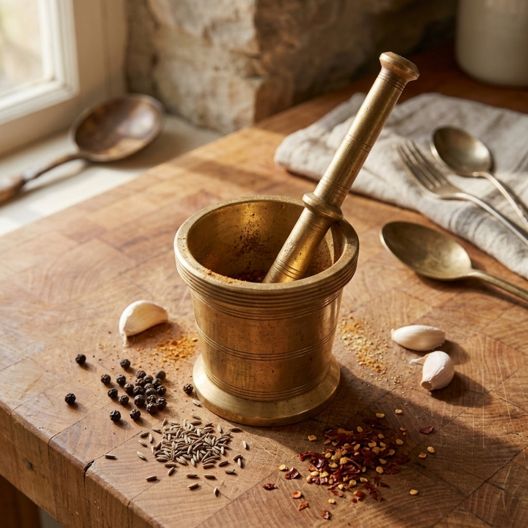 Antique Brass Khalbatta | Traditional Mortar and Pestle Set | Made in 1979