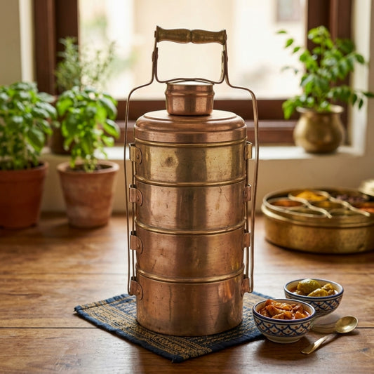 Antique Brass 4-Tier Tiffin Box | Traditional Multi-Tier Food Carrier | Made in 1979