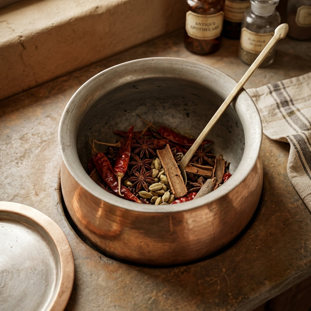 Antique Brass Cooking Pot Set with Lid Ladle and Stand | Traditional Handcrafted Cookware | Made in 1987