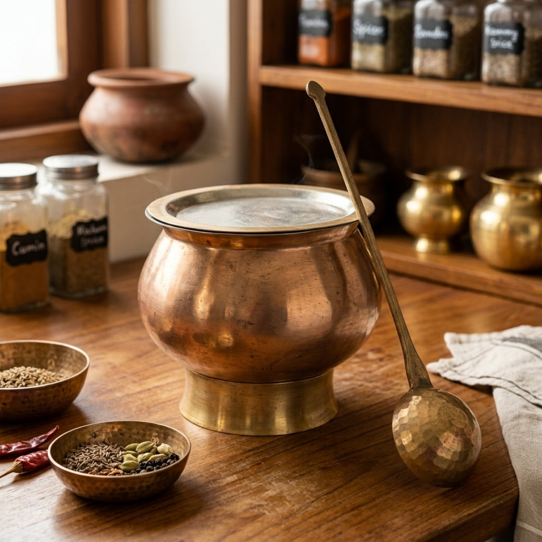 Antique Brass Cooking Pot Set with Lid Ladle and Stand | Traditional Handcrafted Cookware | Made in 1987
