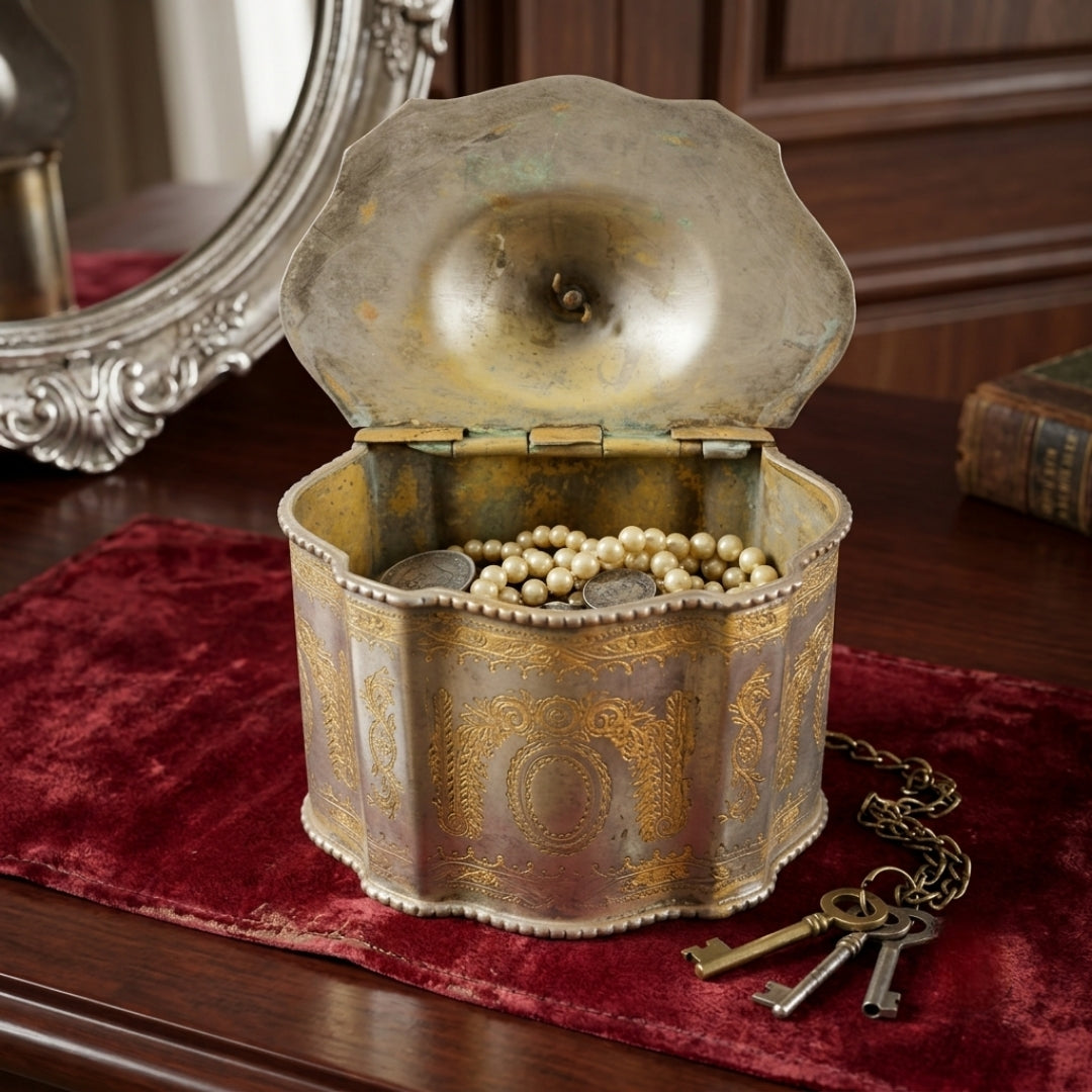 Antique Silver Coated Engraved Brass Storage Box | Decorative Jewellery Chest | Made in 1970