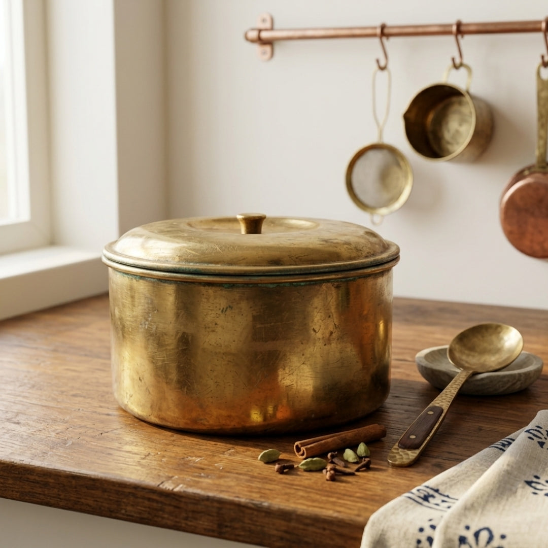 Antique Brass Storage Dabba | Traditional Covered Spice Container | Made in 1975