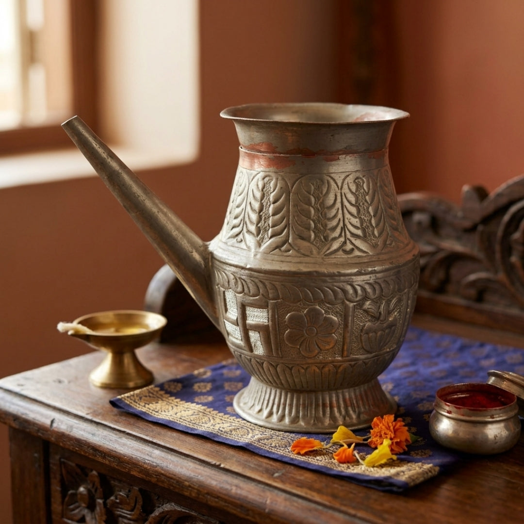 Antique Brass Silver Coated Spouted Lota Vessel | Traditional Hand-Engraved Water Pot | Made in 1976