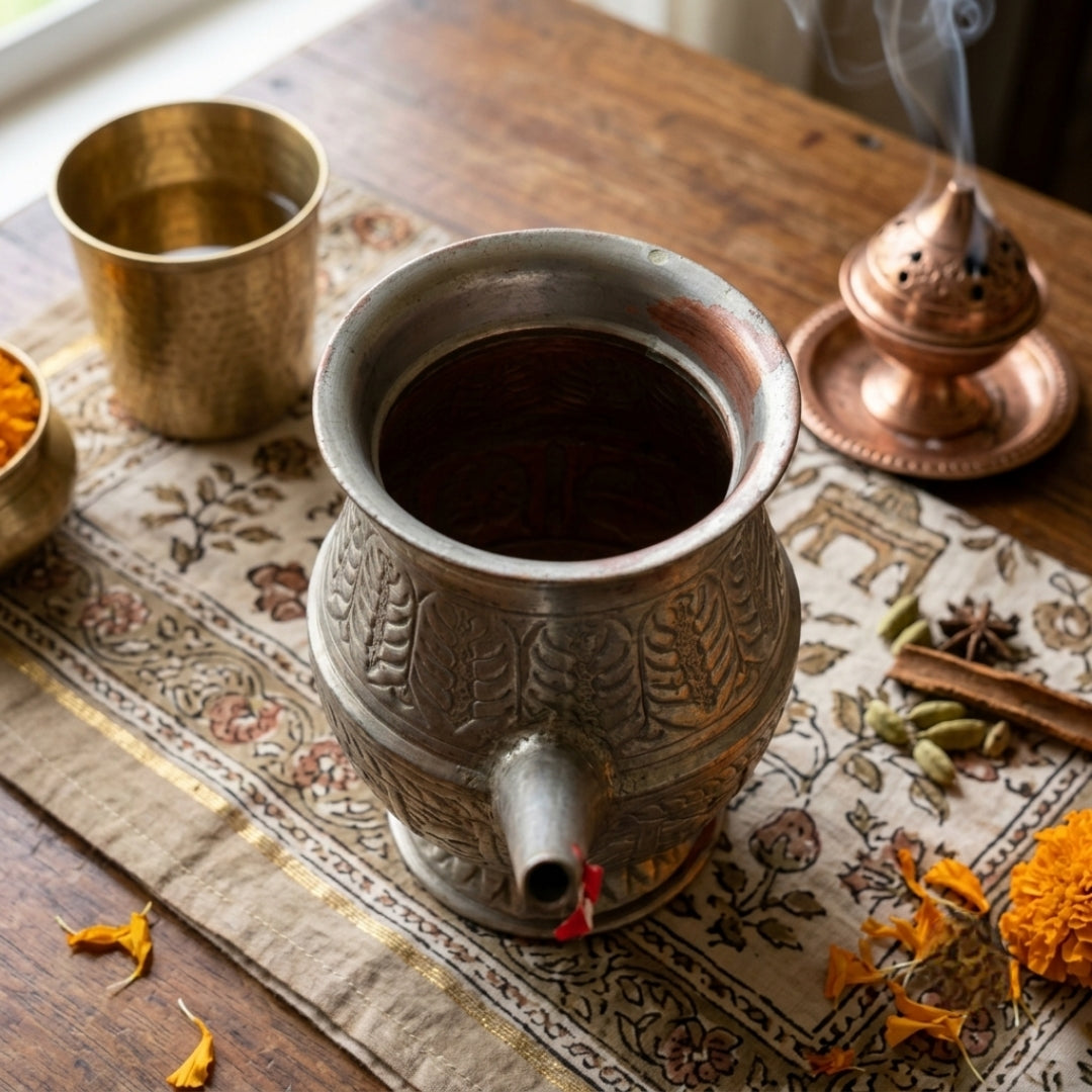Antique Brass Silver Coated Spouted Lota Vessel | Traditional Hand-Engraved Water Pot | Made in 1976