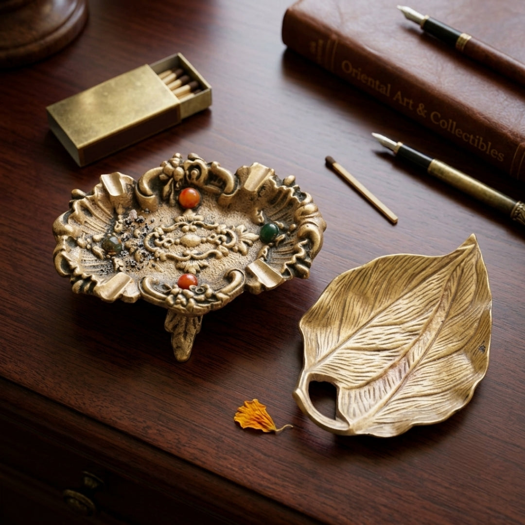 Antique Brass Engraved Decorative Stand and Leaf Plate Set | Handcrafted Decorative Tray Set | Made in 1978