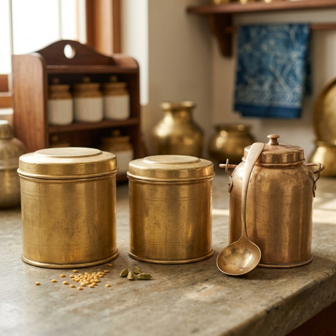 Antique Brass Storage Dabba Containers Set of 3 | Traditional Handcrafted Brass Canisters | Made in 1976
