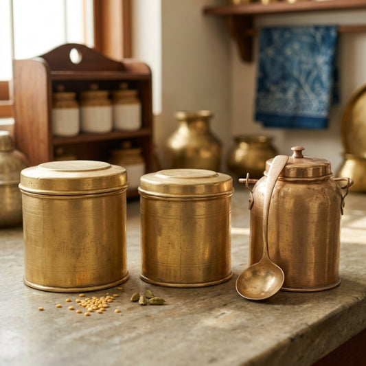Antique Brass Storage Dabba Containers Set of 3 | Traditional Handcrafted Brass Canisters | Made in 1976