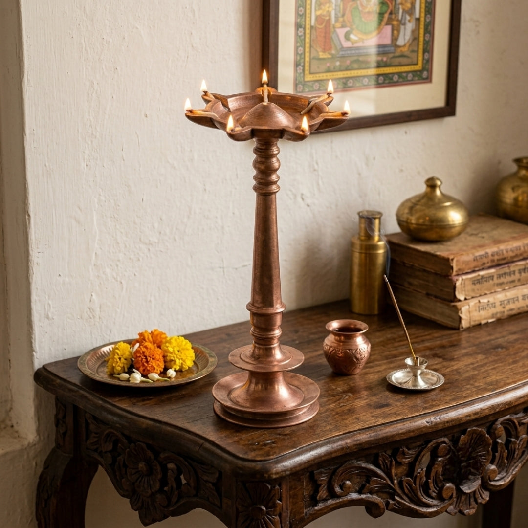 Antique Copper Large Samay Oil Lamp | Decorative Copper Pedestal Pillar Lamp | Made in 1972