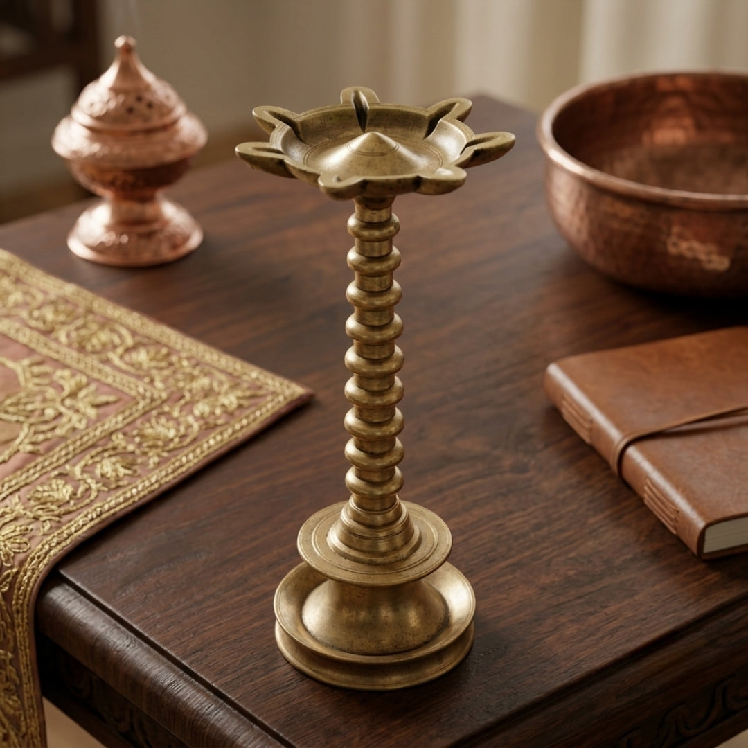 Antique Brass Tall Samay Oil Lamp | Decorative Brass Pedestal Pillar Lamp | Made in 1977