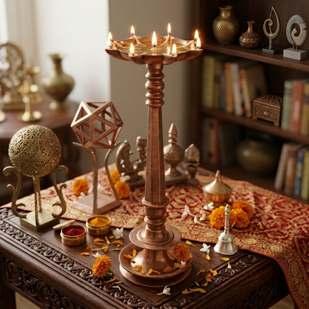 Antique Copper Large Samay Oil Lamp | Decorative Copper Pedestal Pillar Lamp | Made in 1972