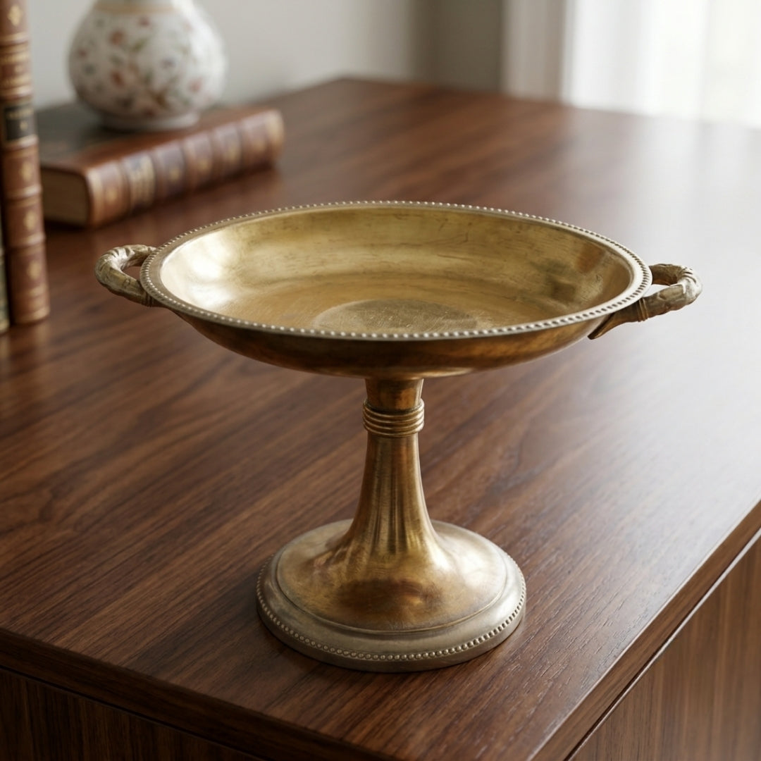 Antique Brass Pedestal Cake Stand with Handles | Decorative Brass Fruit and Dessert Platter | Made in 1978