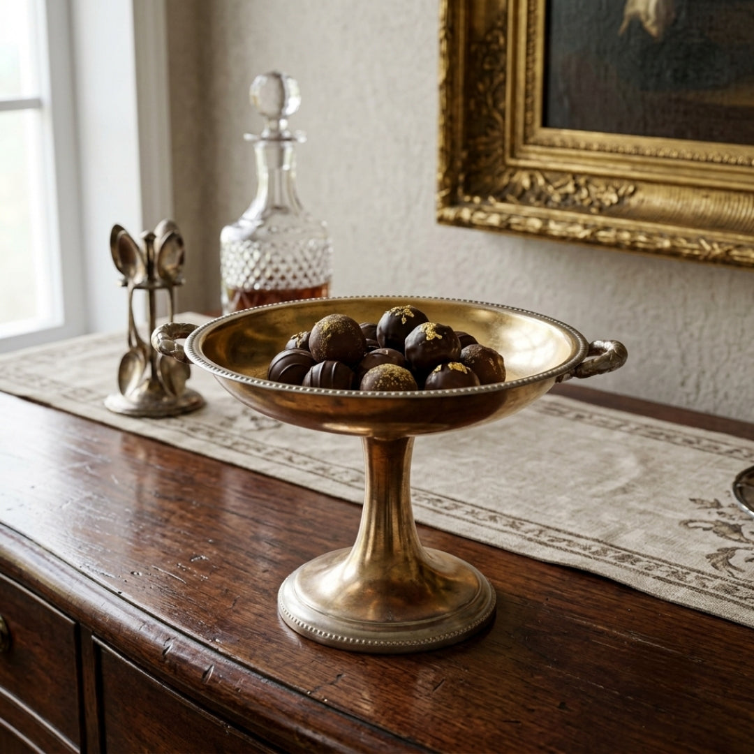 Antique Brass Pedestal Cake Stand with Handles | Decorative Brass Fruit and Dessert Platter | Made in 1978