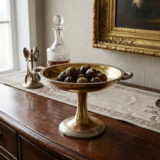 Antique Brass Pedestal Cake Stand with Handles | Decorative Brass Fruit and Dessert Platter | Made in 1978