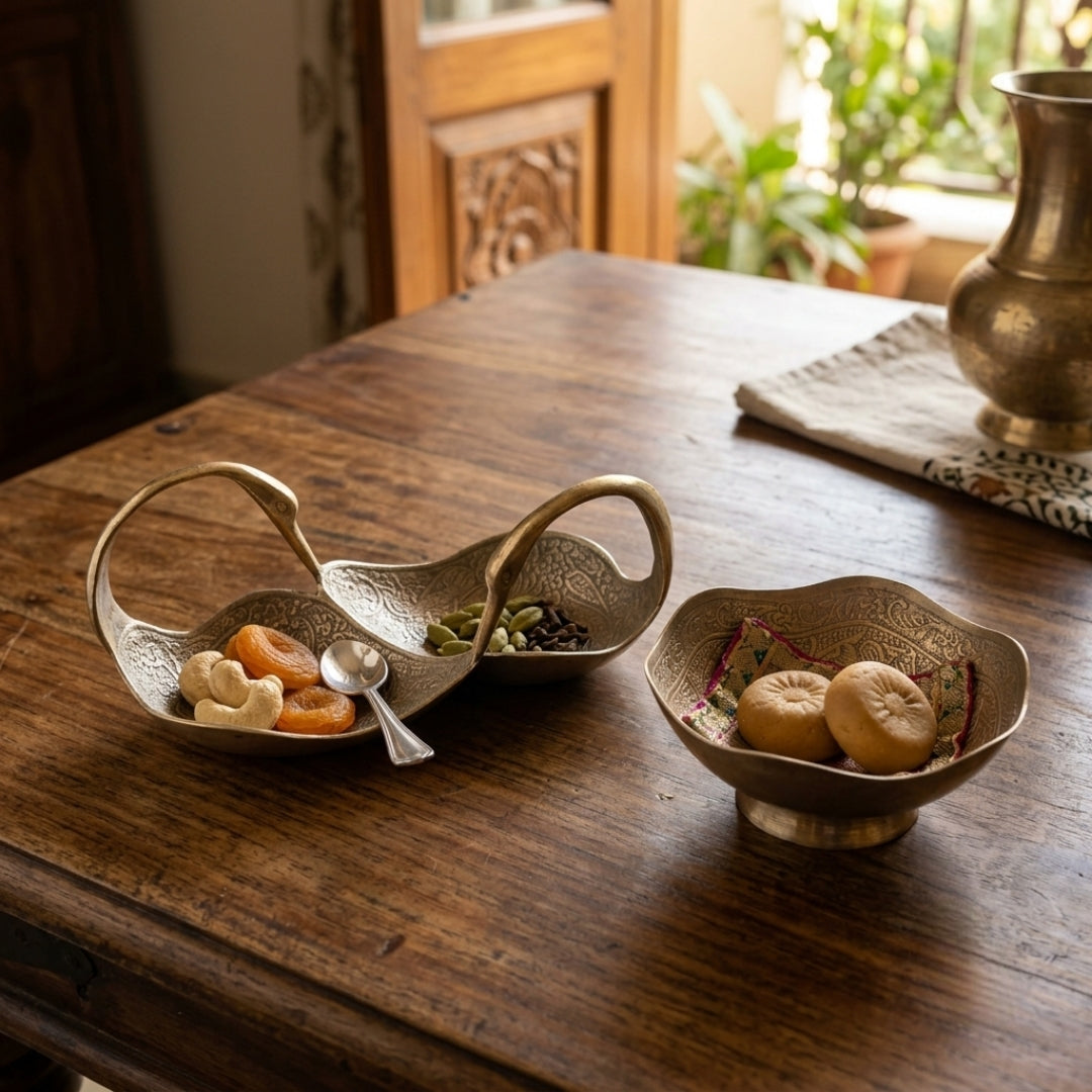 Antique Brass Engraved Swan Serving Bowl Pair | Decorative Brass Snack Tray and Bowl Set | Made in 1973