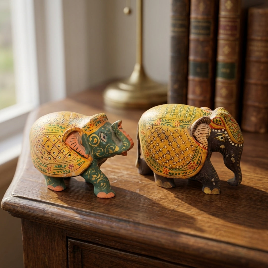 Antique Hand-Painted Wooden Elephant Pair | Traditional Wooden Elephant Figurines | Made in 1980