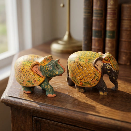 Antique Hand-Painted Wooden Elephant Pair | Traditional Wooden Elephant Figurines | Made in 1980