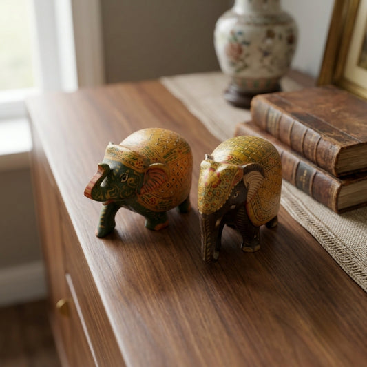 Antique Hand-Painted Wooden Elephant Pair | Traditional Wooden Elephant Figurines | Made in 1980