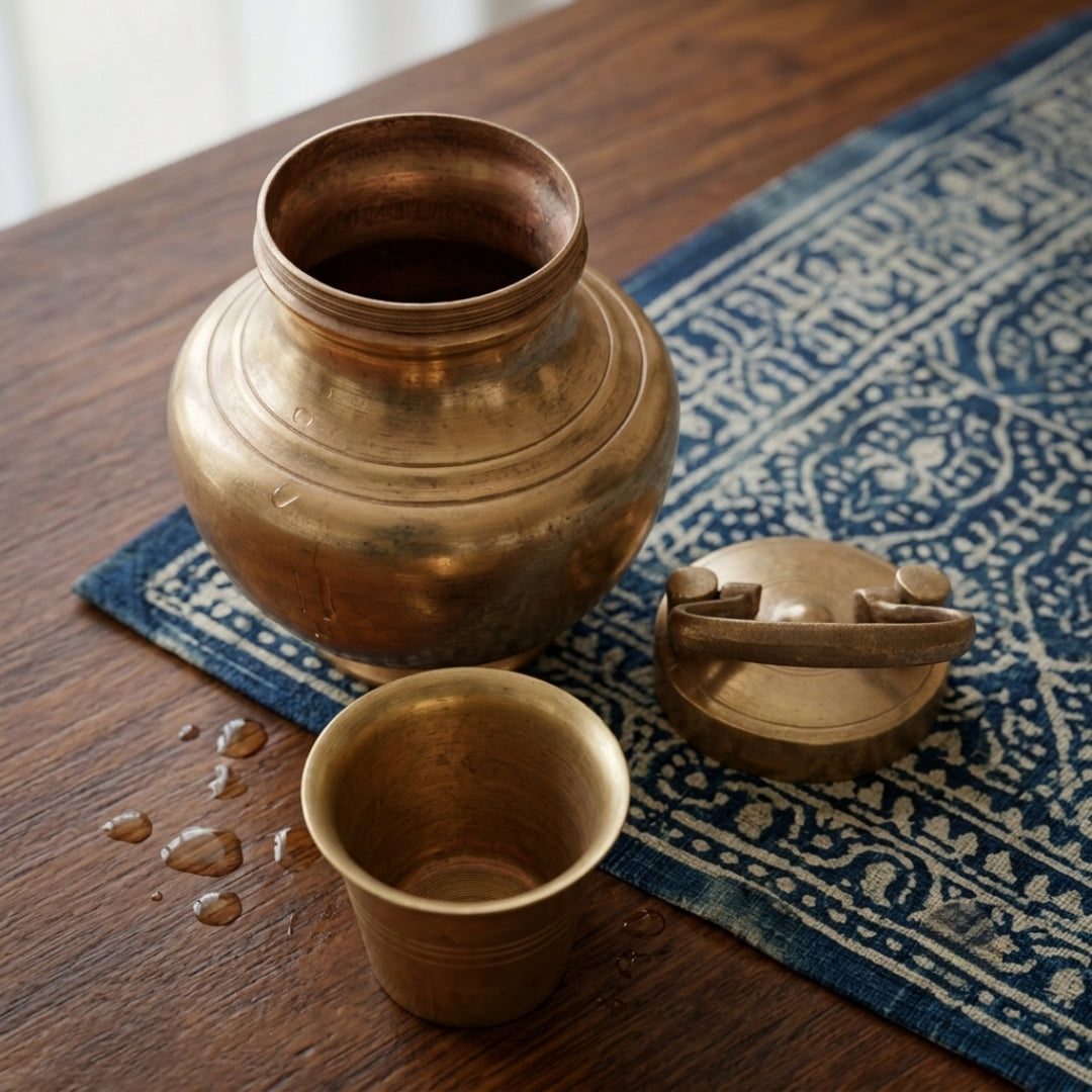 Antique Brass Gangajal Lota Pot with Lid and Cup | Traditional Brass Holy Water Vessel | Made in 1971