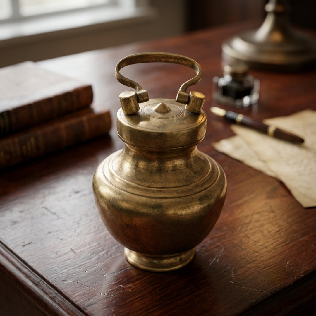 Antique Brass Gangajal Lota Pot with Lid and Cup | Traditional Brass Holy Water Vessel | Made in 1971