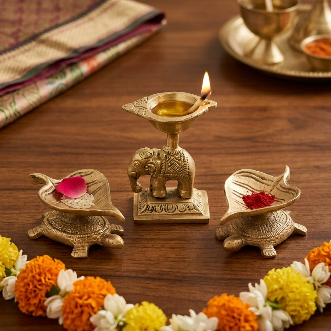 Antique Brass Animal Motif Diya Oil Lamp Set of 3 | Decorative Brass Elephant and Tortoise Lamps | Made in 1980