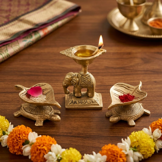 Antique Brass Animal Motif Diya Oil Lamp Set of 3 | Decorative Brass Elephant and Tortoise Lamps | Made in 1980