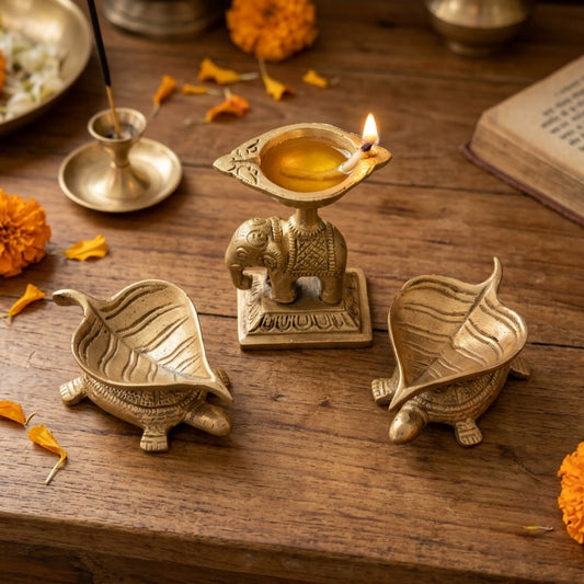 Antique Brass Animal Motif Diya Oil Lamp Set of 3 | Decorative Brass Elephant and Tortoise Lamps | Made in 1980