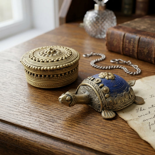 Antique Brass Engraved Round Box and Turtle Figurine Set | Decorative Brass Trinket Container Pair | Made in 1973