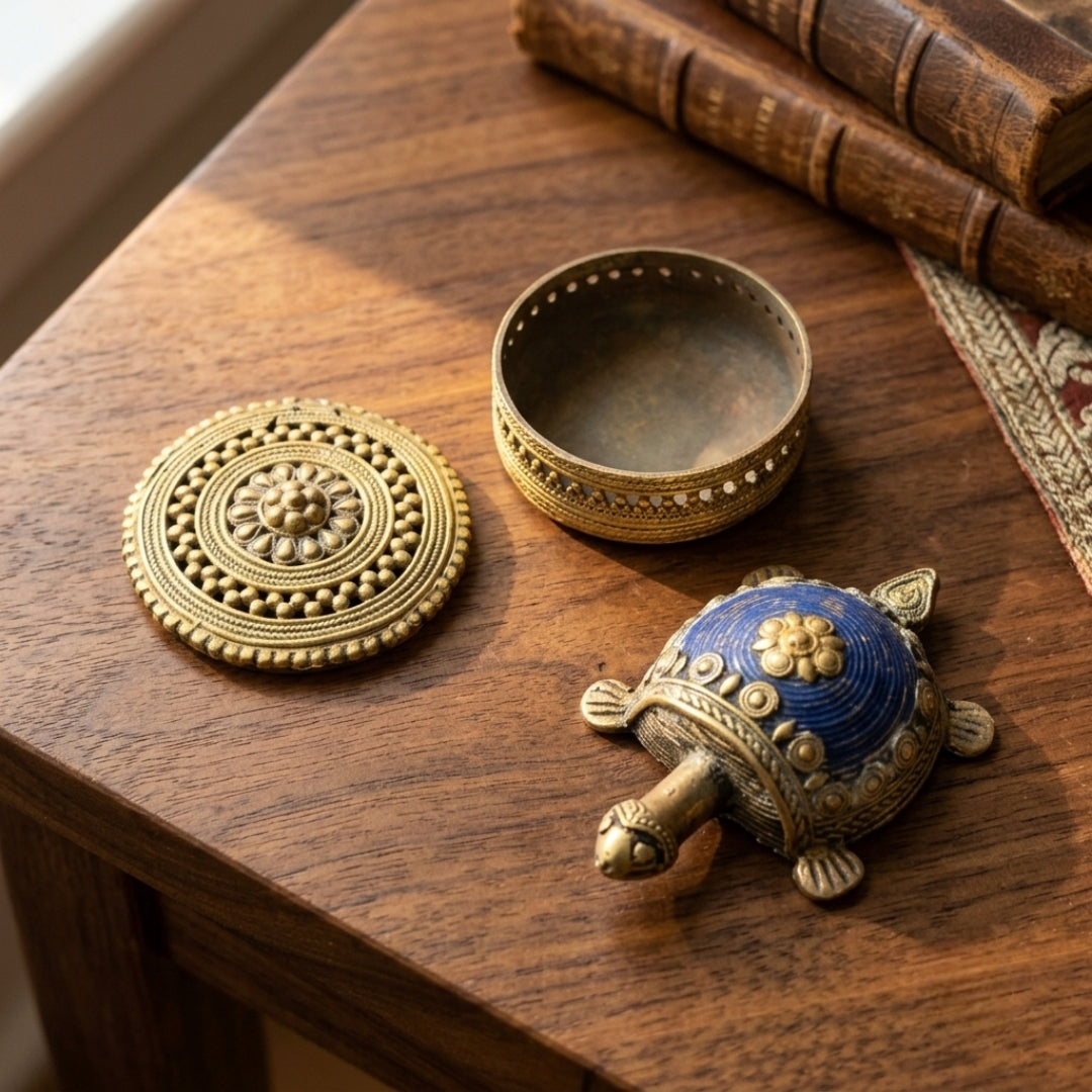 Antique Brass Engraved Round Box and Turtle Figurine Set | Decorative Brass Trinket Container Pair | Made in 1973
